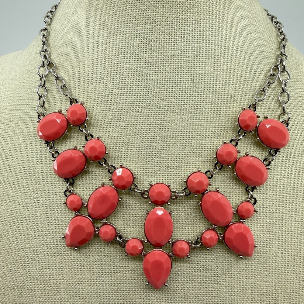 Coral Pink Faceted Statement Bib Necklace Silver Tone Boho Summer Jewelry Gift